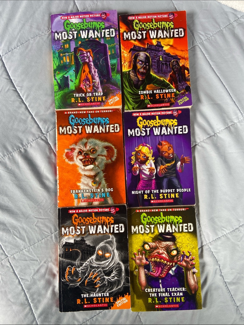 6 Scholastic Goosebumps Most Wanted paperback set - purple, orange, green, black